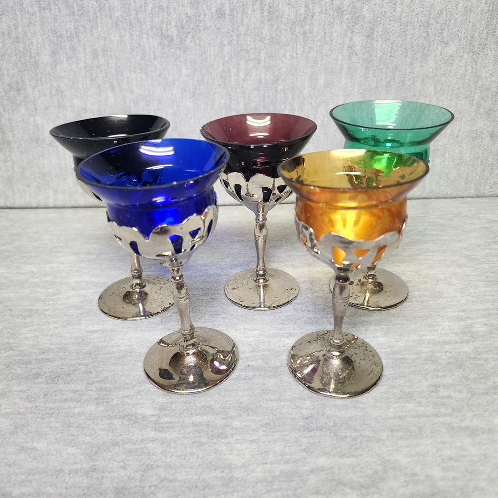 Vintage Art Deco Farber Wine Glasses Metal Stem Multicolored Glass Set of 5